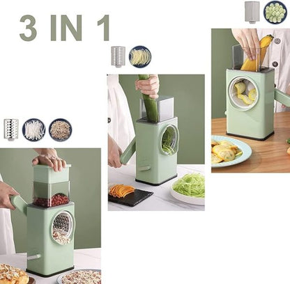 3-in-1 Multifunctional Rotary Slicer | Vegetable Cutter & Cheese Grater | Durable Design with Suction Base & Interchangeable Blades