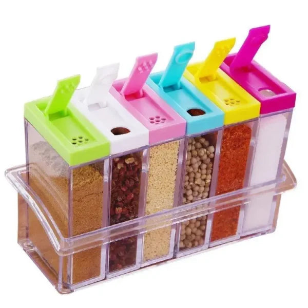 Spice Jar Dispenser Set | 6-Piece Masala Rack | Easy Flow Storage & Seasoning Box